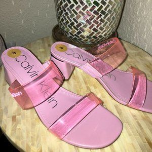 Calvin Klein Translucent Pink strap slip-ons chunky heel with silver LOGO NWT